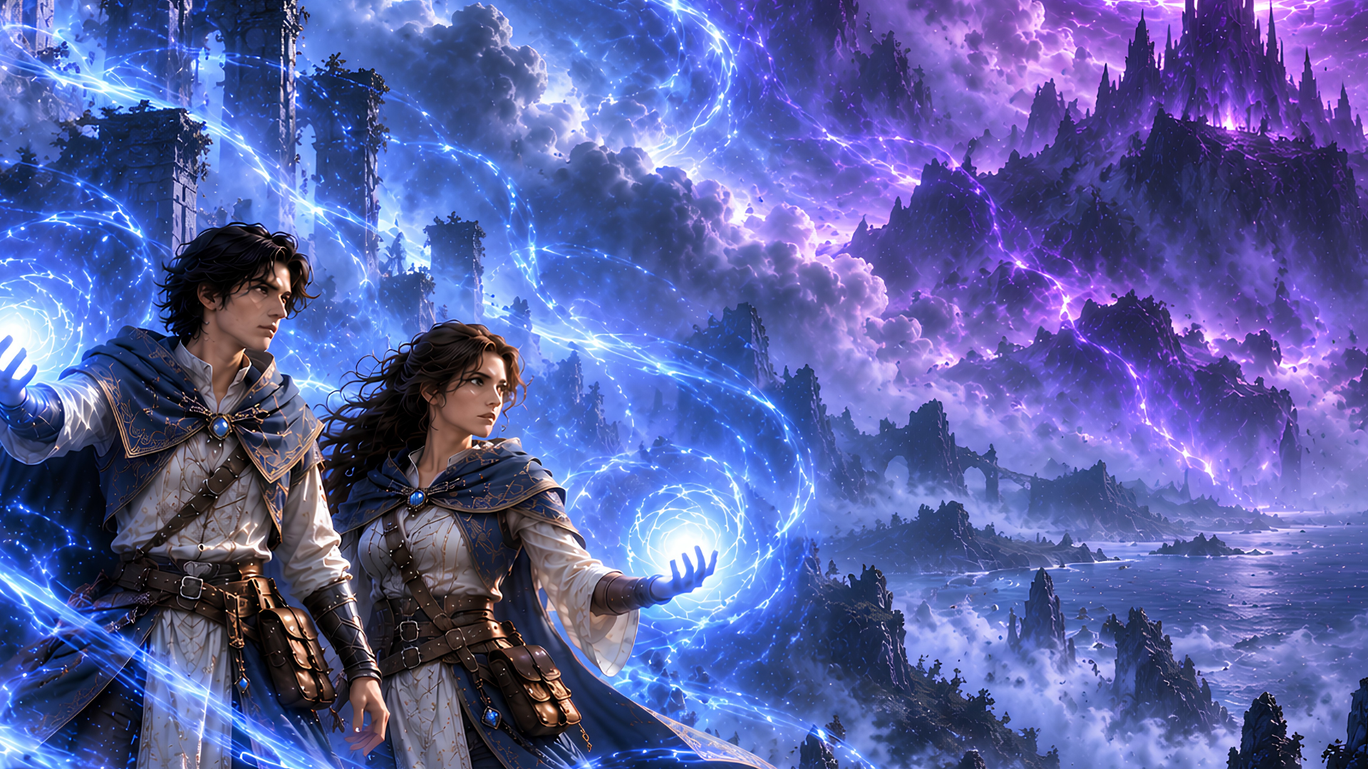 The two apprentices channel blue Arcane energy before a world divided by light and shadow
